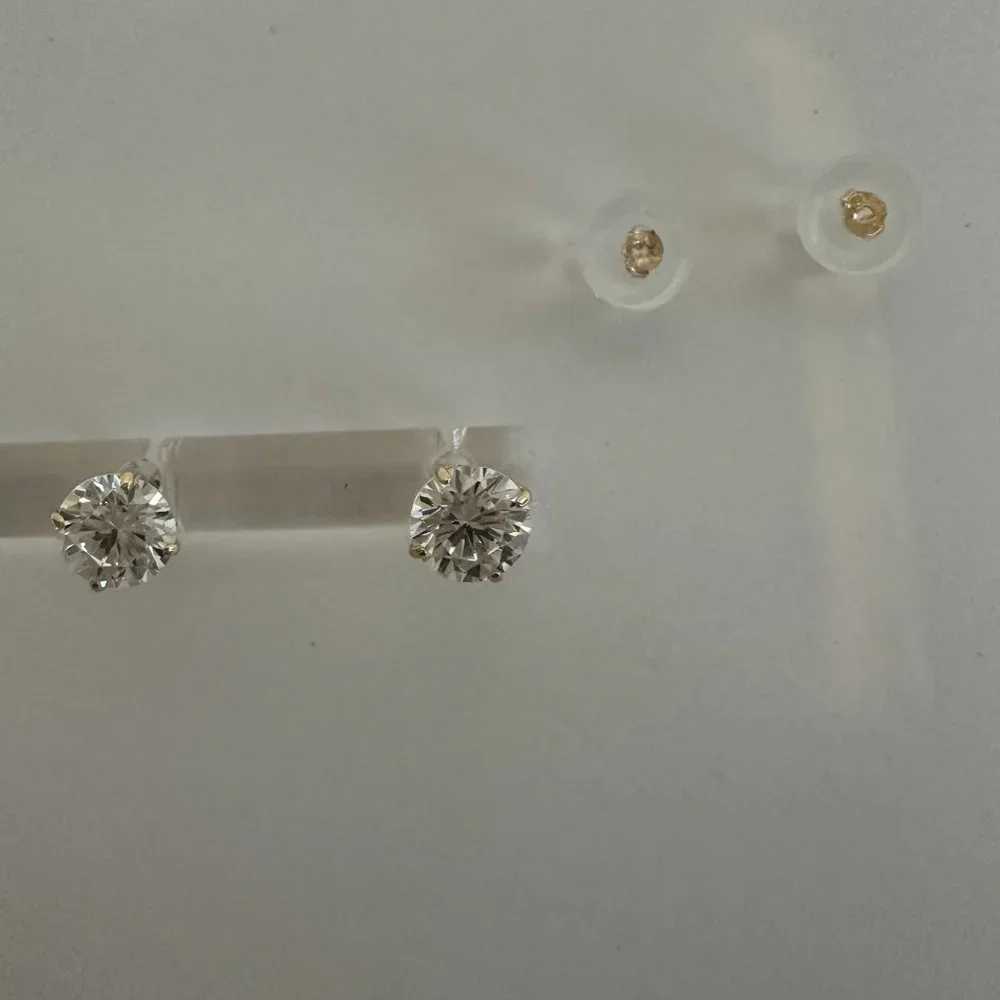 NWOT _ 14K Yellow Gold with Round Cut Cubic Zirconia Imported Stud Earrings - Picture 3 of 5
